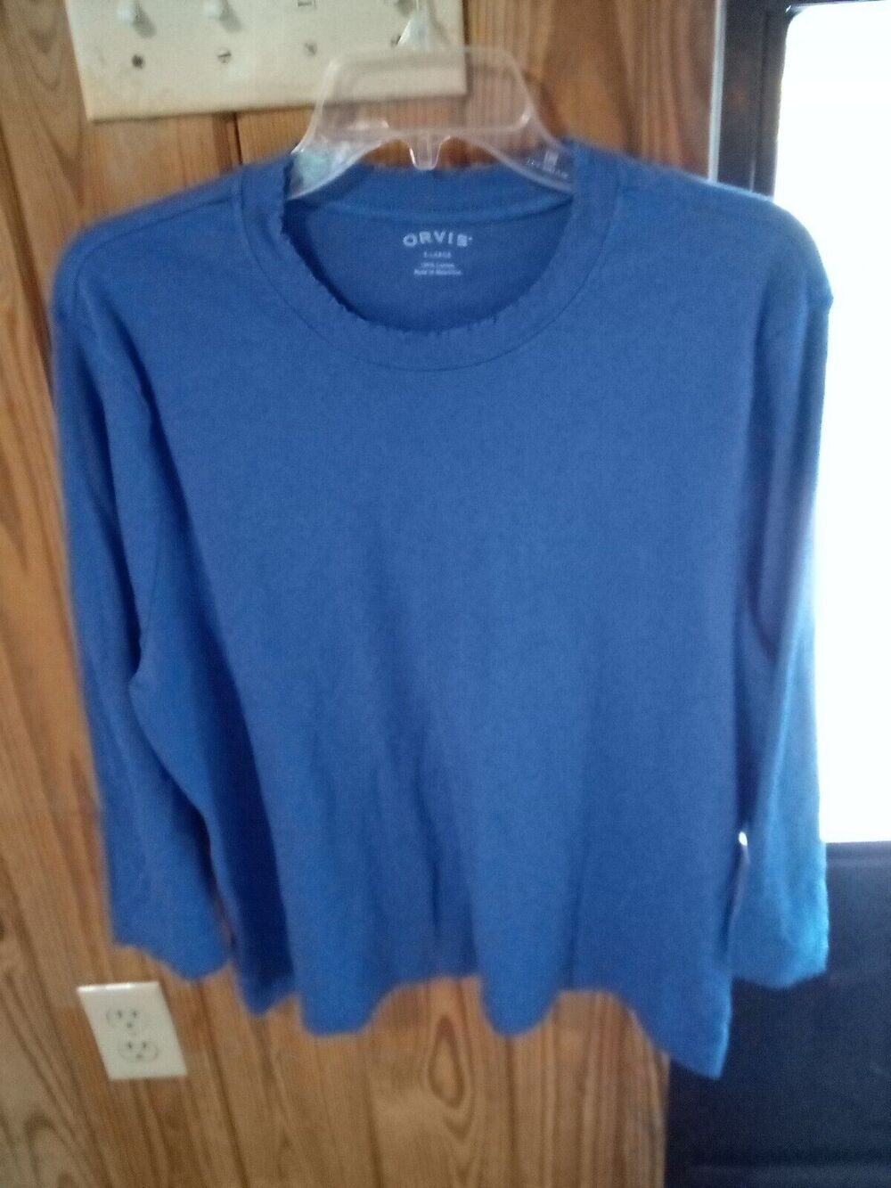 Orvis Shirt Womens XL Blue Cotton 3/4 Sleeve Pullover Crew Neck